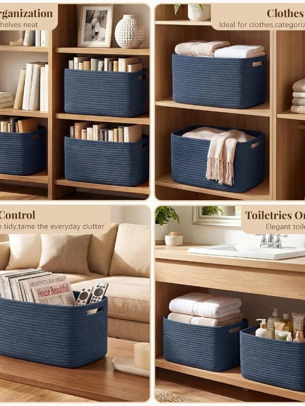 New 4Packs Natural Cotton Rope Storage Baskets for Organizing Toys, Clothes